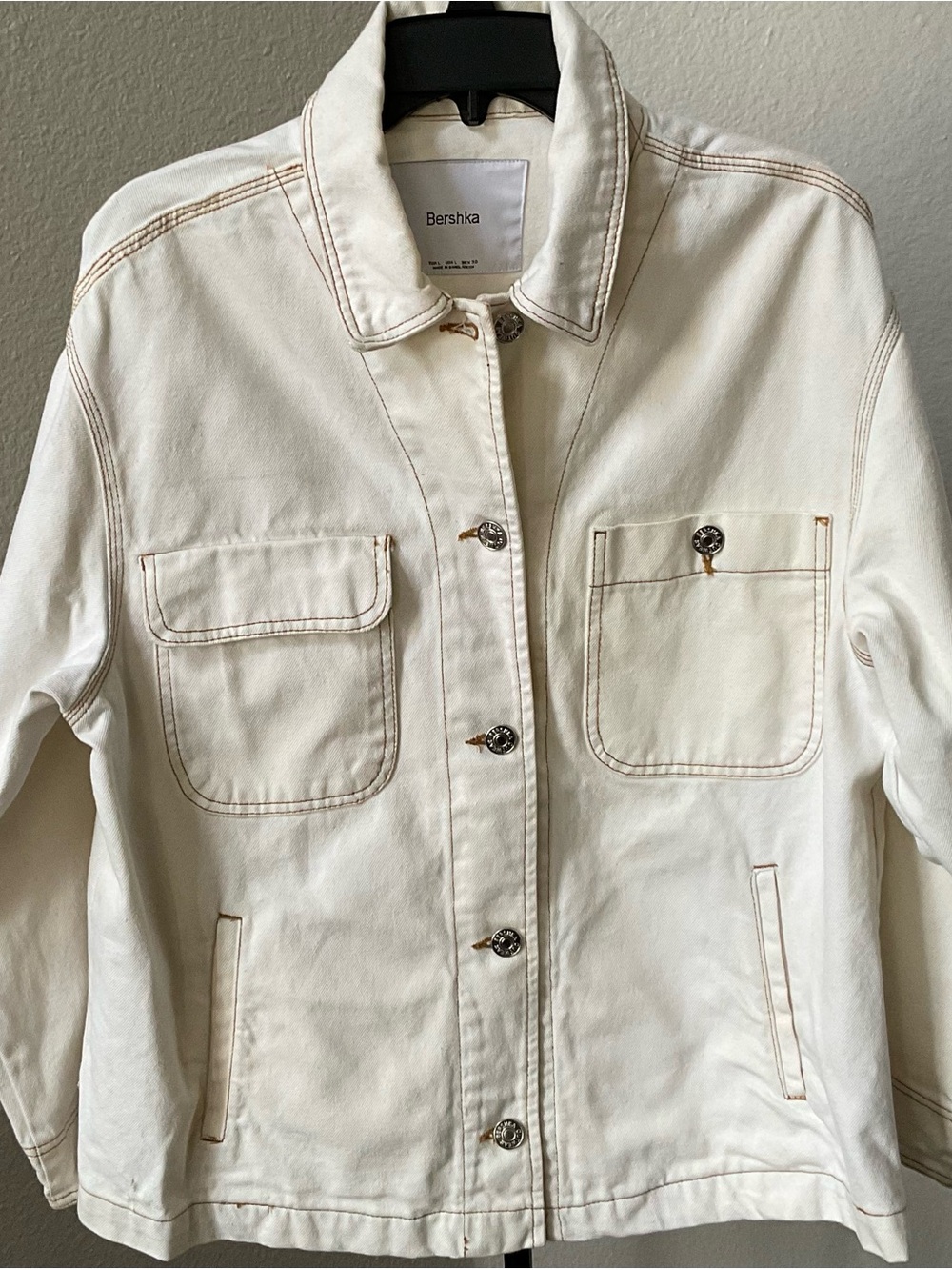 Bershka Cream Utility Denim Jacket with Contrast Stitching